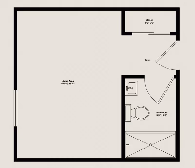 Floor plan of a living space at Independence Court of Monroeville showing an entry area, a closet measuring 5'3" by 2'2", a bathroom measuring 5'3" by 8'2" with a sink, toilet, and shower, and a living area measuring 10'8" by 15'1".