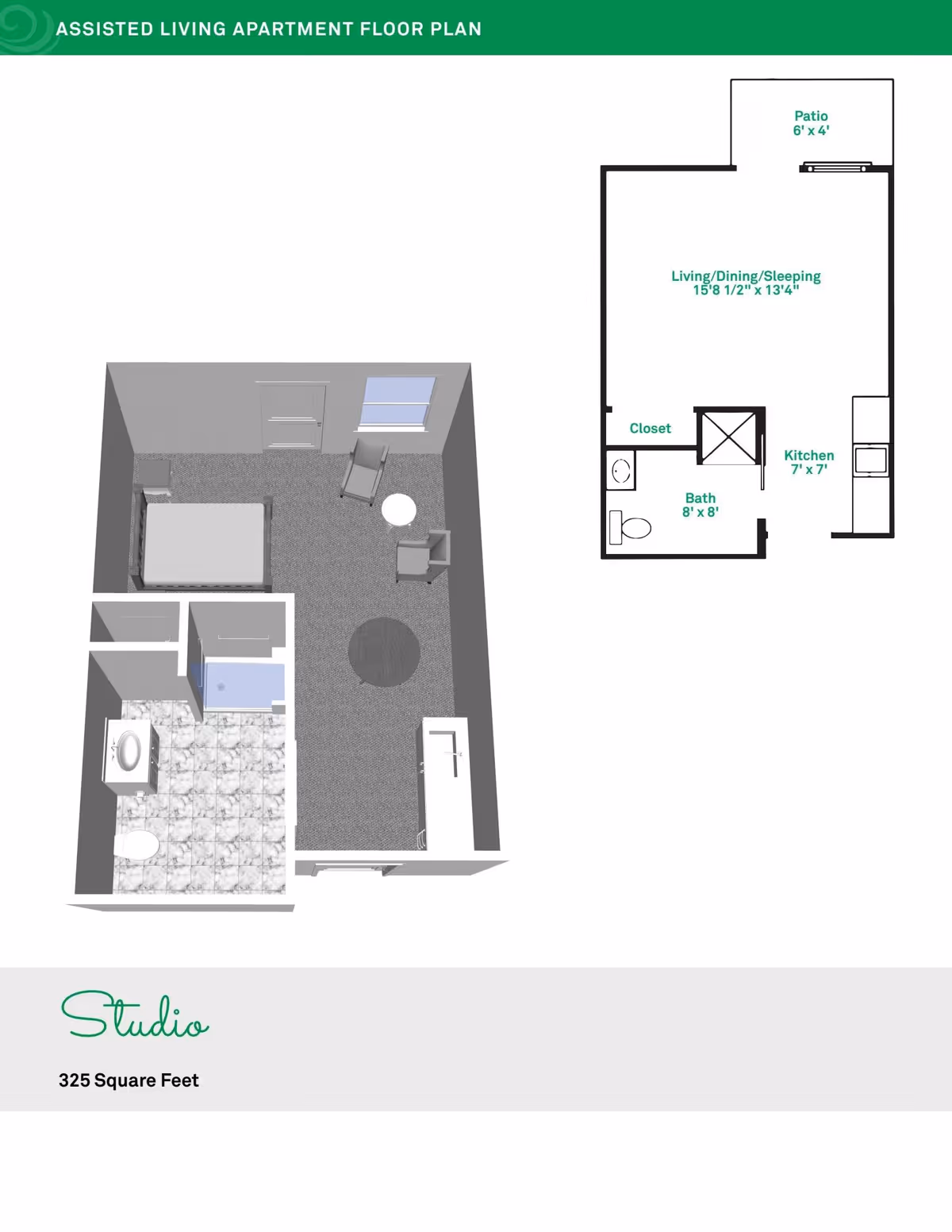 Floor plan and 3D layout of a studio assisted living apartment with 325 square feet, featuring a combined living, dining, and sleeping area, a kitchen, a bathroom, a closet, and a small patio.
