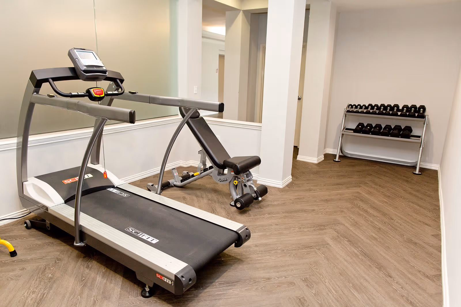 A fitness area featuring a treadmill and a weight bench with dumbbells on a rack, set in a well-lit room with wooden flooring.