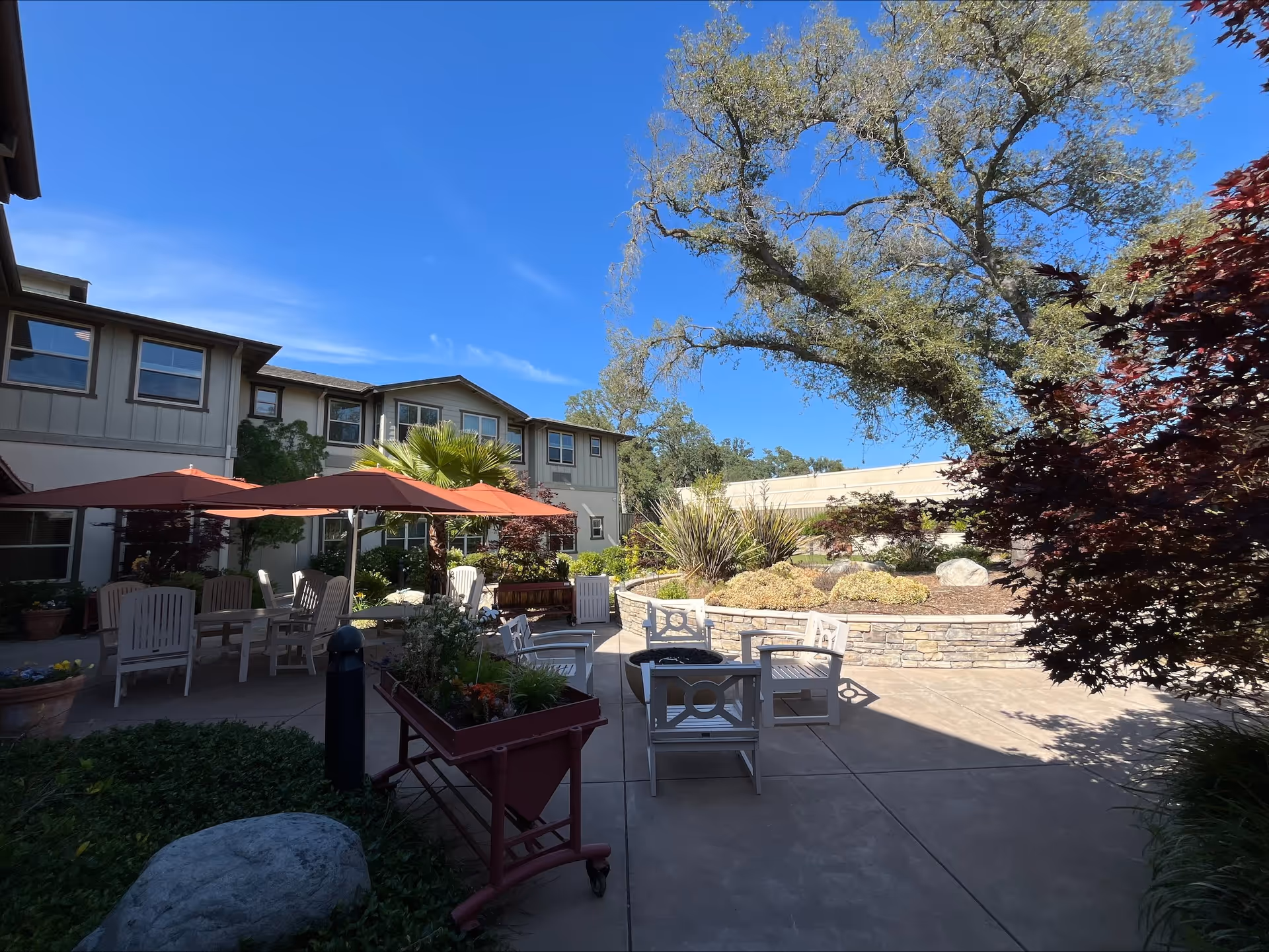 Outdoor patio area at CountryHouse At Granite Bay with several white chairs and tables under orange umbrellas, surrounded by plants, trees, and a stone planter wall under a clear blue sky.
