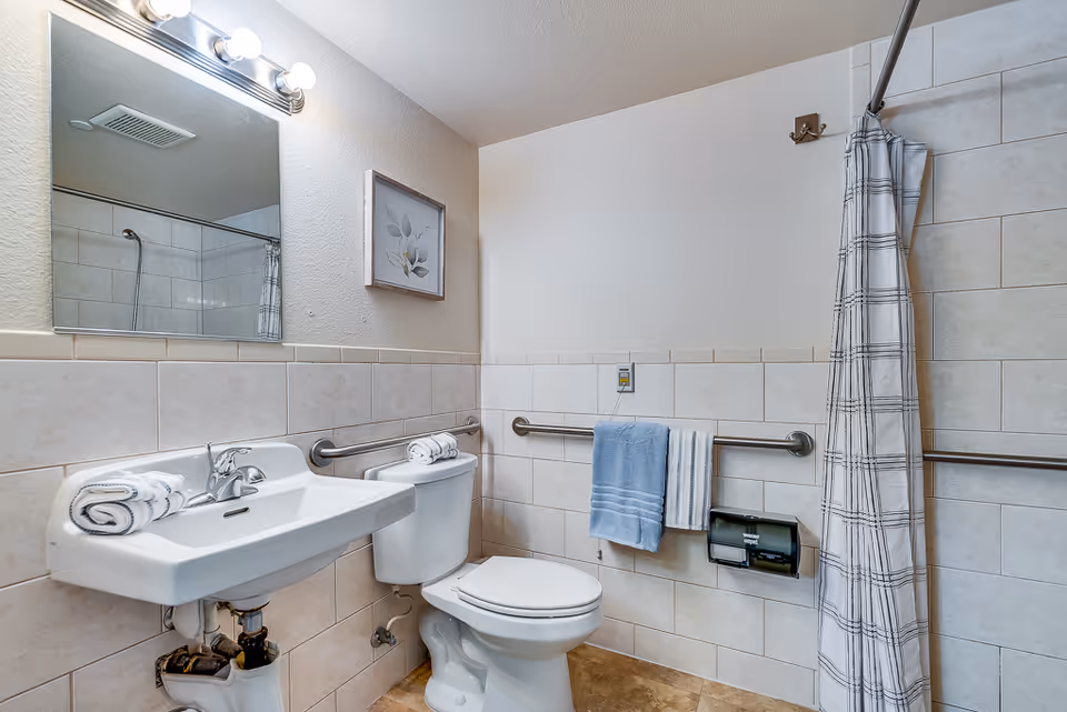Accessible bathroom with a sink, toilet, grab bars, towels, and a shower with a curtain.