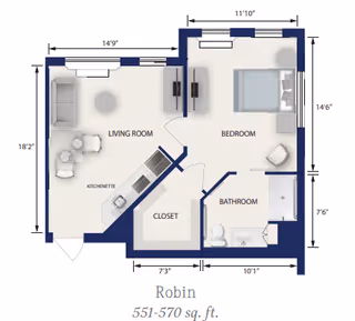 Floor plan of a senior living unit named Robin, sized 551-570 sq. ft., showing a living room with kitchenette, a bedroom, a bathroom, and a closet with dimensions labeled.