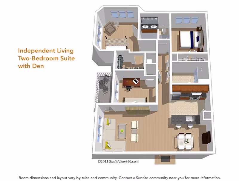 3D floor plan of an independent living two-bedroom suite with den, showing a living room with sofa and chairs, dining area, kitchen with appliances and island, two bedrooms, a bathroom with double sinks, and a den with desk and chair. There is also a small outdoor balcony with seating.