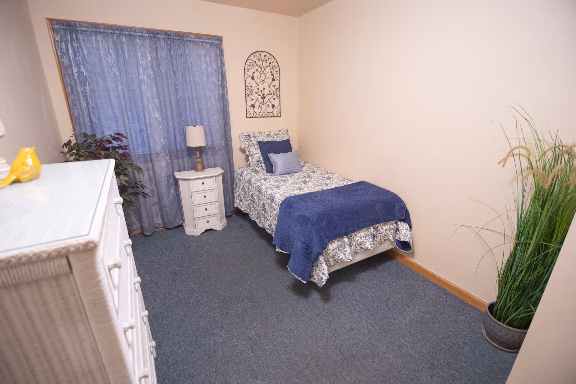 Small furnished bedroom with a twin bed in blue-and-white bedding, a nightstand with lamp, dresser, and potted plant.