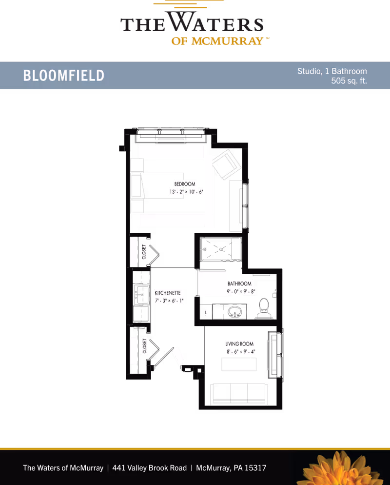 Floor plan layout of a studio apartment named Bloomfield at The Waters of McMurray, showing labeled areas for bedroom, kitchenette, bathroom, living room, and closets with dimensions.