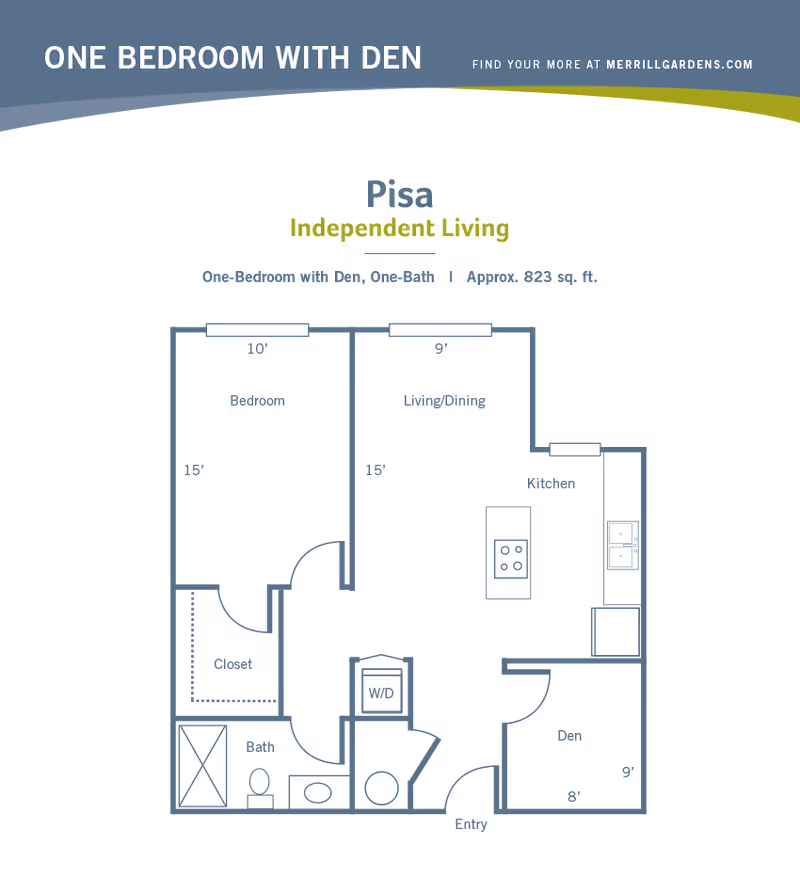 Floor plan of a one-bedroom with den independent living unit named Pisa at Merrill Gardens. The layout includes a bedroom measuring 10 by 15 feet, a living/dining area measuring 9 by 15 feet, a kitchen, a den measuring 8 by 9 feet, a bathroom, a closet, a washer/dryer area, and an entryway. The total area is approximately 823 square feet.
