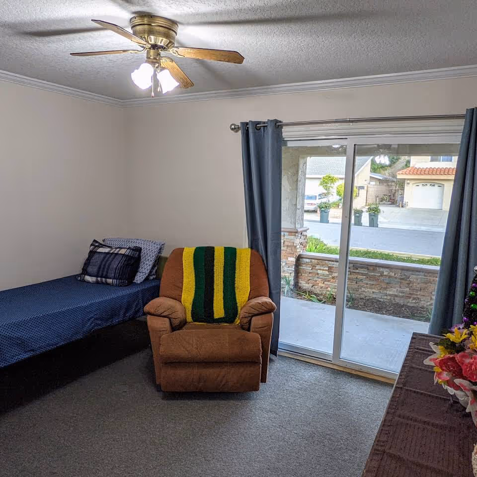 A small living area with a brown recliner chair draped with a green and yellow striped blanket, a single bed with blue bedding and pillows, a ceiling fan with lights, and sliding glass doors leading to an outdoor view of a driveway and neighboring houses.