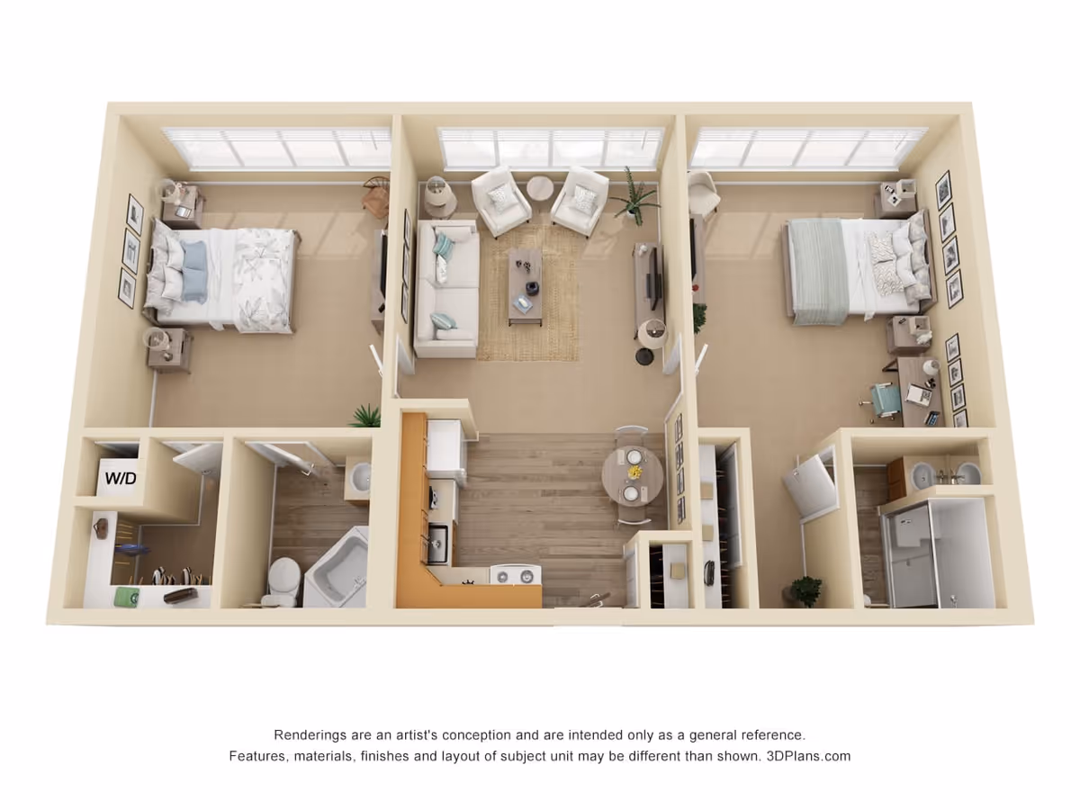 3D floor plan of a senior living apartment unit featuring two bedrooms, a living room with sofa and chairs, a kitchen with dining table, two bathrooms, and a laundry area with washer and dryer.