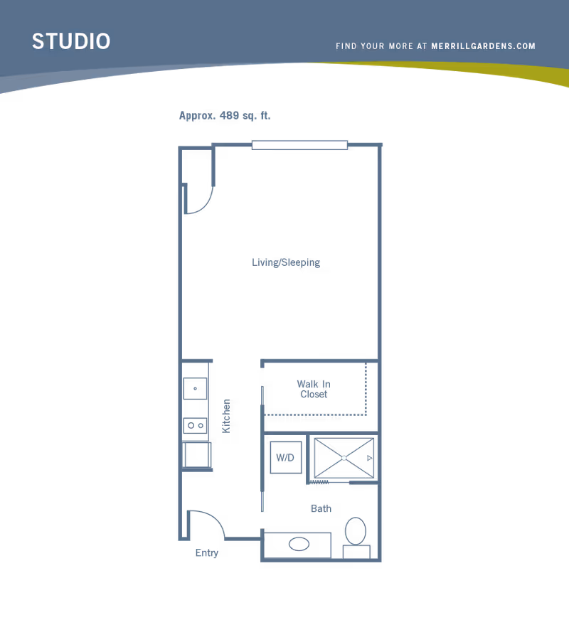 Floor plan of a studio apartment at Merrill Gardens at Monterey showing an entry leading to a kitchen, a combined living and sleeping area, a walk-in closet, a bathroom with a shower, toilet, and sink, and a washer/dryer area. The total area is approximately 489 square feet.