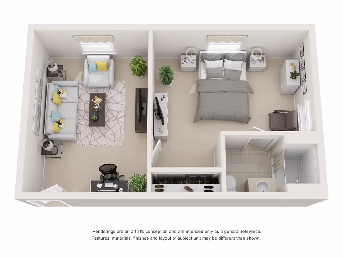 3D floor plan of a senior living unit showing a living room with a sofa, armchair, coffee table, TV, and plants; a bedroom with a bed, nightstands, dresser, chair, and plants; and a bathroom with a toilet, sink, and shower. There is also a closet with shoes and a small desk with a chair in the living room area.