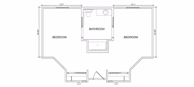Architectural floor plan showing two bedrooms on either side of a central bathroom. Each bedroom measures 11 feet 1 inch by 14 feet, and the bathroom is positioned between them with a toilet, sink, and bathtub. The plan includes measurements and door placements.