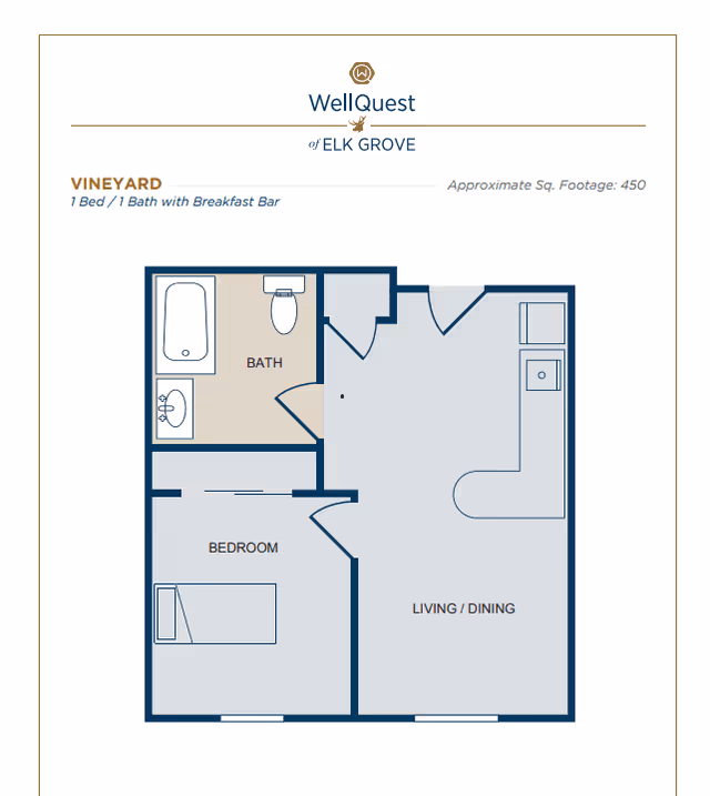 Floor plan of a one-bedroom, one-bath apartment named Vineyard at WellQuest of Elk Grove, showing a bedroom, bathroom, and combined living/dining area with a breakfast bar kitchen.