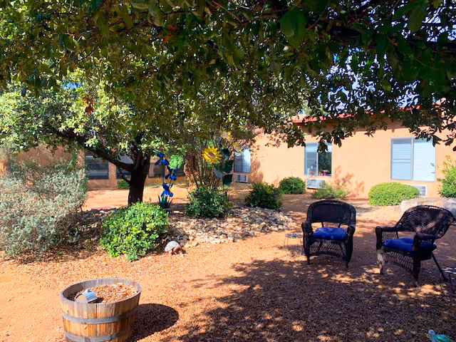 Outdoor garden area with trees, shrubs, and decorative plants. Two wicker chairs with blue cushions are placed on a gravel surface, and a wooden barrel planter is visible in the foreground. The background shows a building with windows and light brown walls.