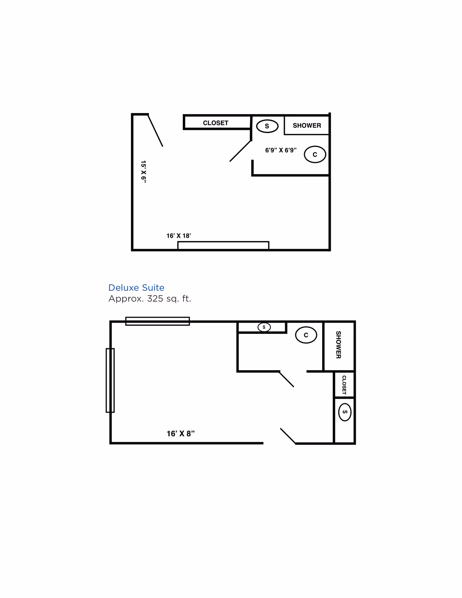 Two architectural floor plans labeled as Deluxe Suite with approximate size of 325 sq. ft., showing room dimensions, closet, shower, and other layout details.