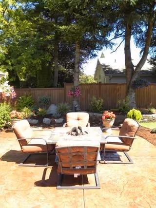 A sunny backyard patio with cushioned chairs arranged around a square table, surrounded by plants, a wooden fence and trees.