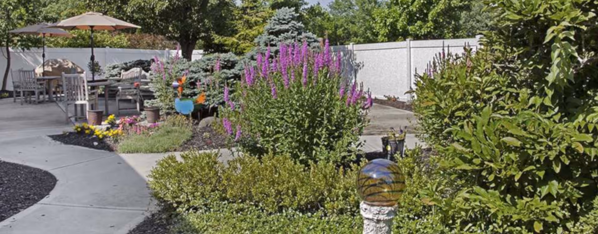 Outdoor garden and patio area with a paved walkway, flowering shrubs, and patio furniture with umbrellas.