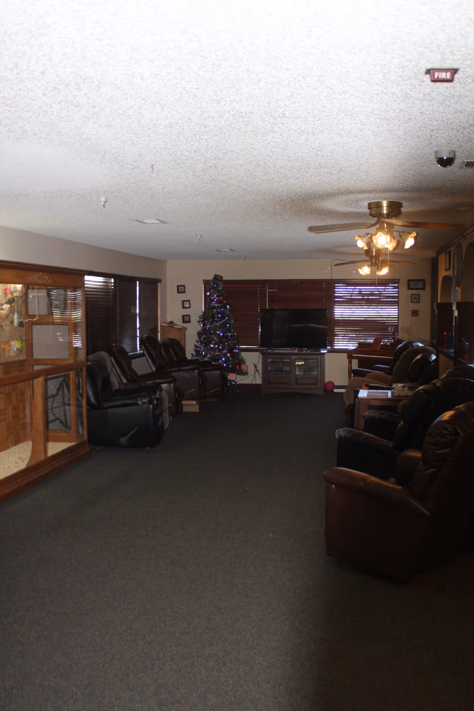 Communal living room with rows of reclining chairs facing a television and a decorated Christmas tree under a ceiling fan.