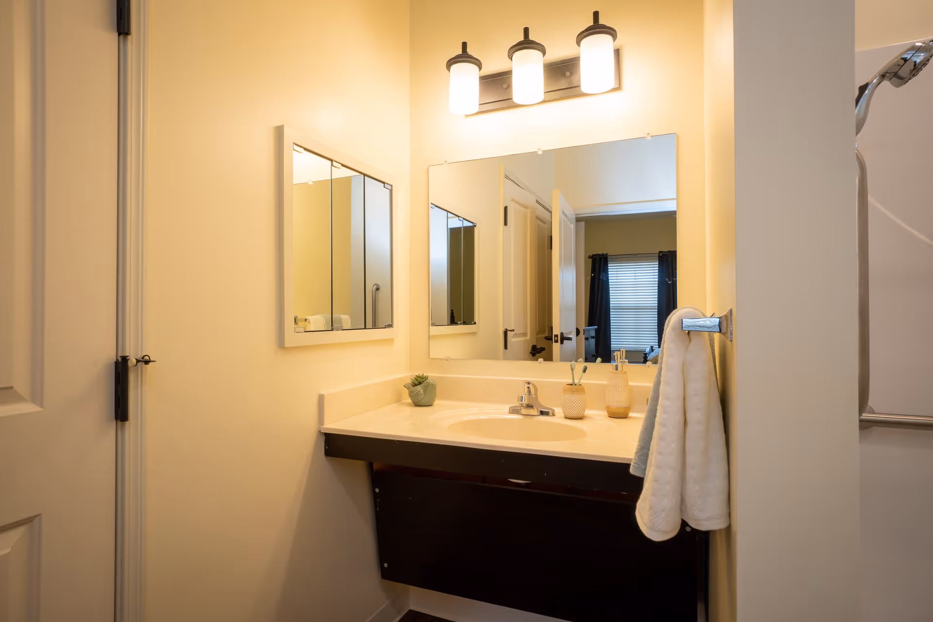 A bathroom vanity area with a sink, a large mirror above it, and a smaller mirrored medicine cabinet on the left wall. There are three light fixtures above the large mirror. On the countertop, there are decorative items including a small plant and two containers. A white towel hangs on a towel rack attached to the right wall. The bathroom door is partially visible on the left, and a shower curtain rod is visible on the right.