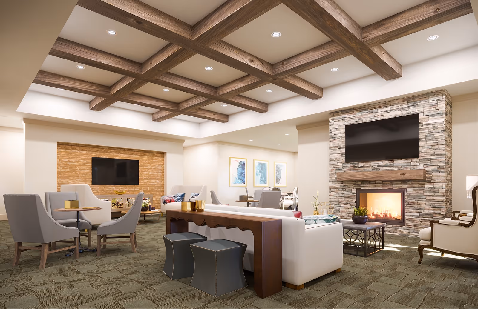 Spacious senior living lounge with wood-beamed ceiling, multiple seating areas, a stone fireplace and a wall-mounted TV.