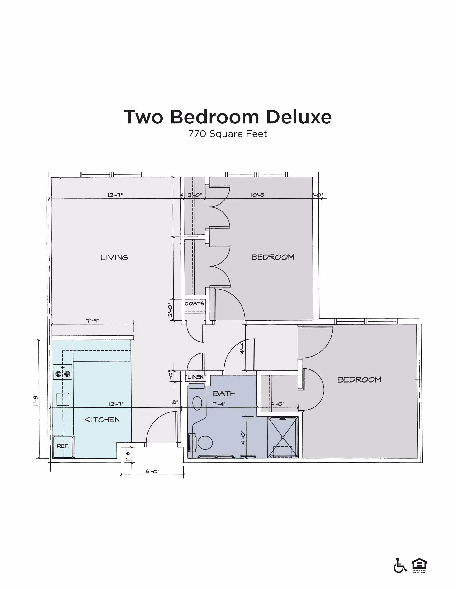 Floor plan layout of a Two Bedroom Deluxe apartment with 770 square feet, showing two bedrooms, a living room, kitchen, bathroom, and closets.