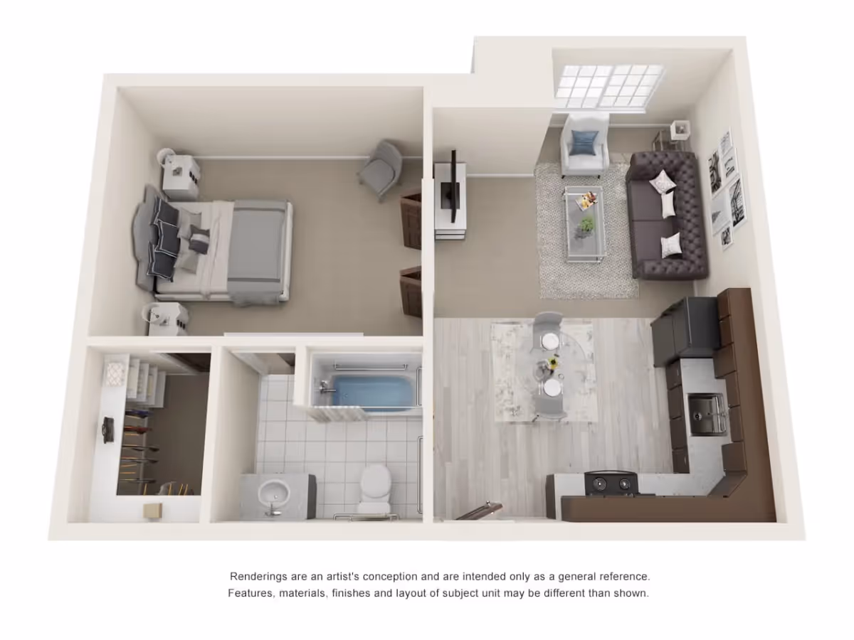3D floor plan of a one-bedroom apartment showing a bedroom with a bed and two nightstands, a bathroom with a bathtub, toilet, and sink, a walk-in closet, and an open living area with a sofa, armchair, TV, dining table with chairs, and a kitchen with appliances and cabinets.
