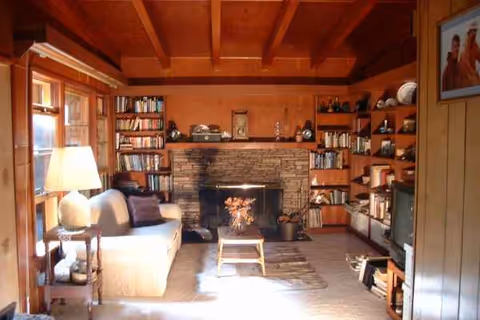 Cozy living room with sofa, bookshelves, and a lit fireplace.