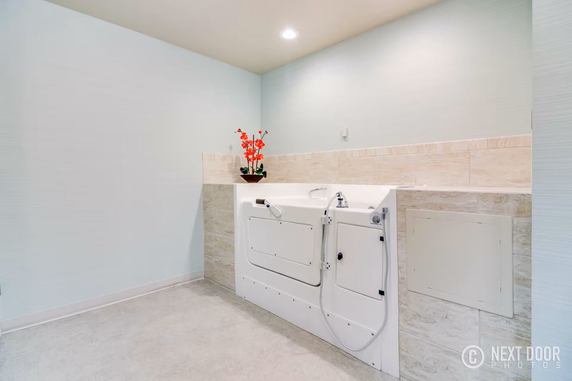 A clean, modern walk-in bathtub with safety handles and a handheld showerhead installed in a tiled bathroom corner. A small potted plant with red flowers is placed on the ledge behind the tub. The walls are light blue and the floor is light-colored.