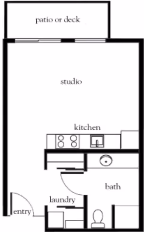 Floor plan of a studio apartment featuring an entryway leading to a laundry area, a kitchen with stove and sink, a bathroom with toilet and sink, and a studio living space that opens to a patio or deck.