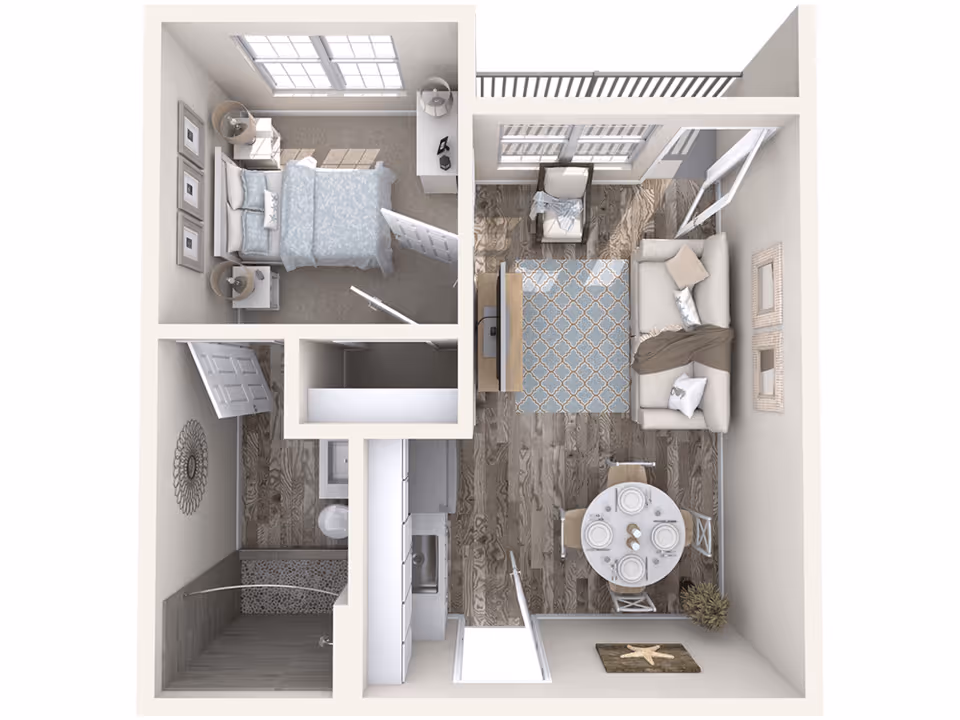 Top-down 3D floor plan of a one-bedroom apartment showing a bedroom, bathroom, kitchen, living and dining areas with a small balcony.
