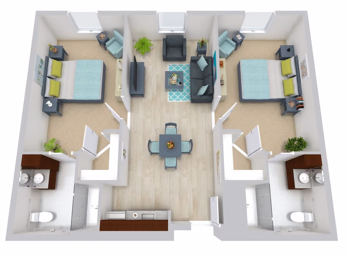 3D floor plan of a two-bedroom apartment featuring two bedrooms each with a bed, nightstands, and a chair. Each bedroom has an attached bathroom with a toilet, double sink vanity, and shower. The central area includes a living room with a sofa, armchair, coffee table, TV, and plants, as well as a dining area with a table and four chairs. A kitchen with a sink and counter space is located near the entrance.