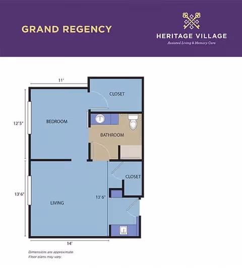 Floor plan of the Grand Regency unit at Heritage Village Assisted Living and Memory Care, showing a bedroom, living area, bathroom, and two closets with approximate dimensions.