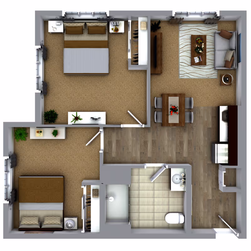 Top-down view of a two-bedroom apartment floor plan featuring a living room with a sofa, coffee table, and TV, a dining area with a table and four chairs, a kitchen with appliances, a bathroom with a shower, toilet, and sink, and two bedrooms each with a bed and nightstands.