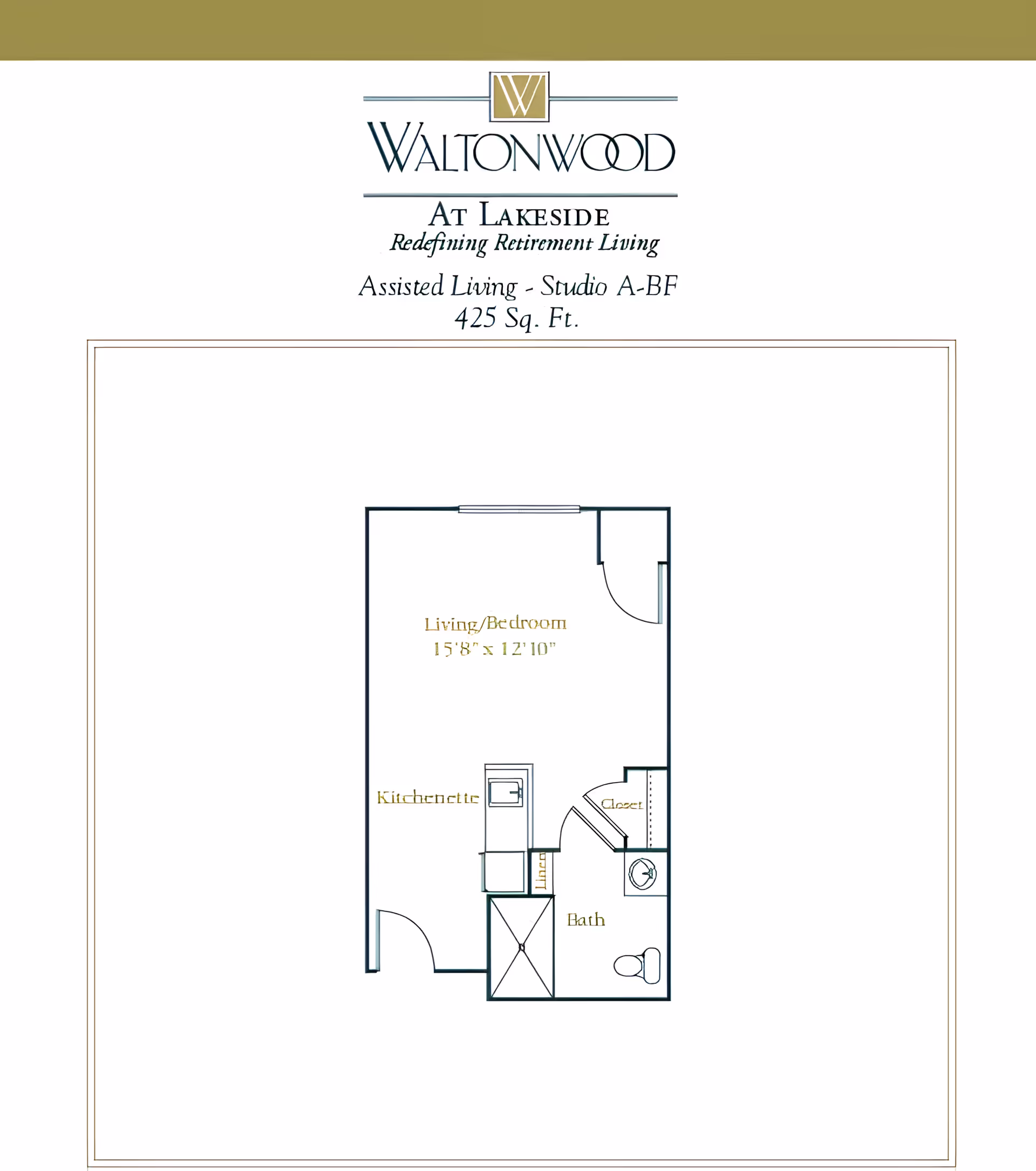 Floor plan of Waltonwood Lakeside Assisted Living Studio A-BF unit with 425 square feet, showing a living/bedroom area measuring 15'8" x 12'10", a kitchenette, a bath with toilet and shower, a closet, and a linen closet.
