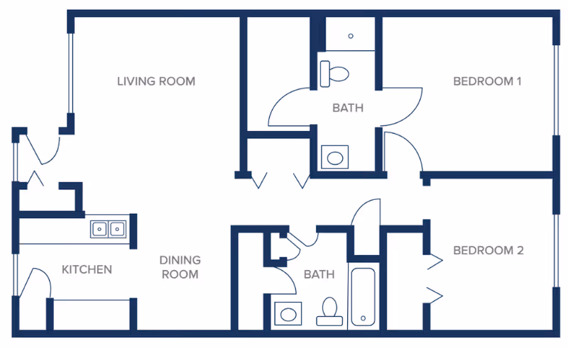 Architectural floor plan of a senior living unit at Summer Breeze Senior Living showing two bedrooms, two bathrooms, a kitchen, dining room, and living room.