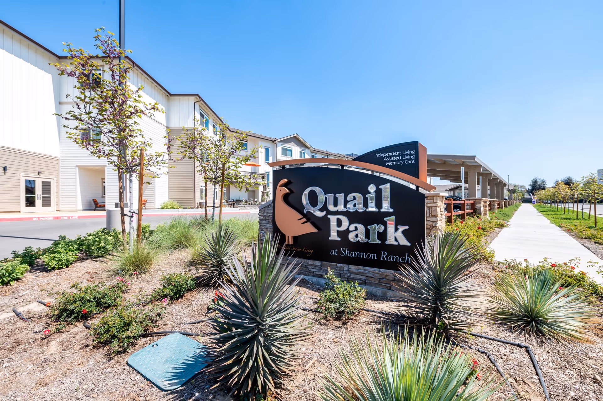 Outdoor view of the entrance area of Quail Park at Shannon Ranch senior living facility, featuring a large sign with the facility's name surrounded by landscaping with plants and small trees, with the building and a sidewalk visible in the background under a clear blue sky.