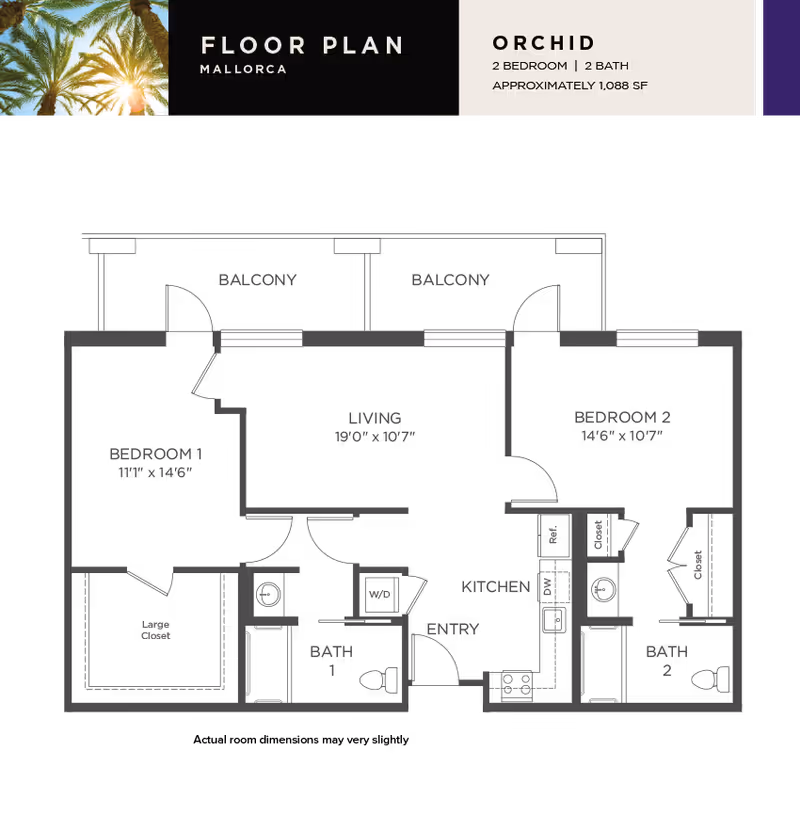 Header of a floor plan labeled 'FLOOR PLAN Mallorca' and 'ORCHID 2 BEDROOM | 2 BATH APPROXIMATELY 1,088 SF' with a small palm-tree image.
