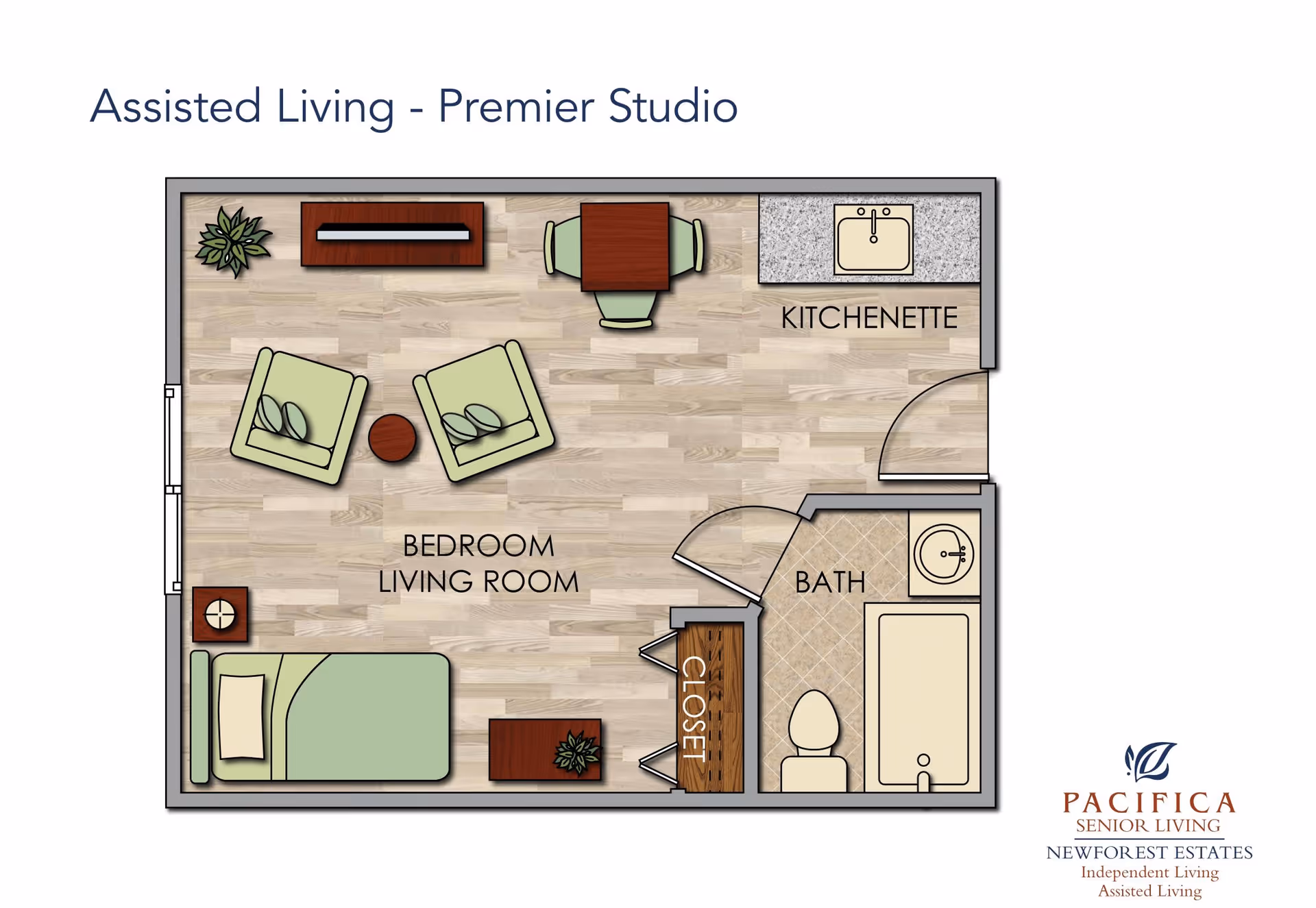 Floor plan of an assisted living premier studio apartment showing a combined bedroom and living room area with two chairs, a small table, a bed, and a closet. The kitchenette is adjacent to the living area, and there is a separate bathroom with a bathtub, toilet, and sink.