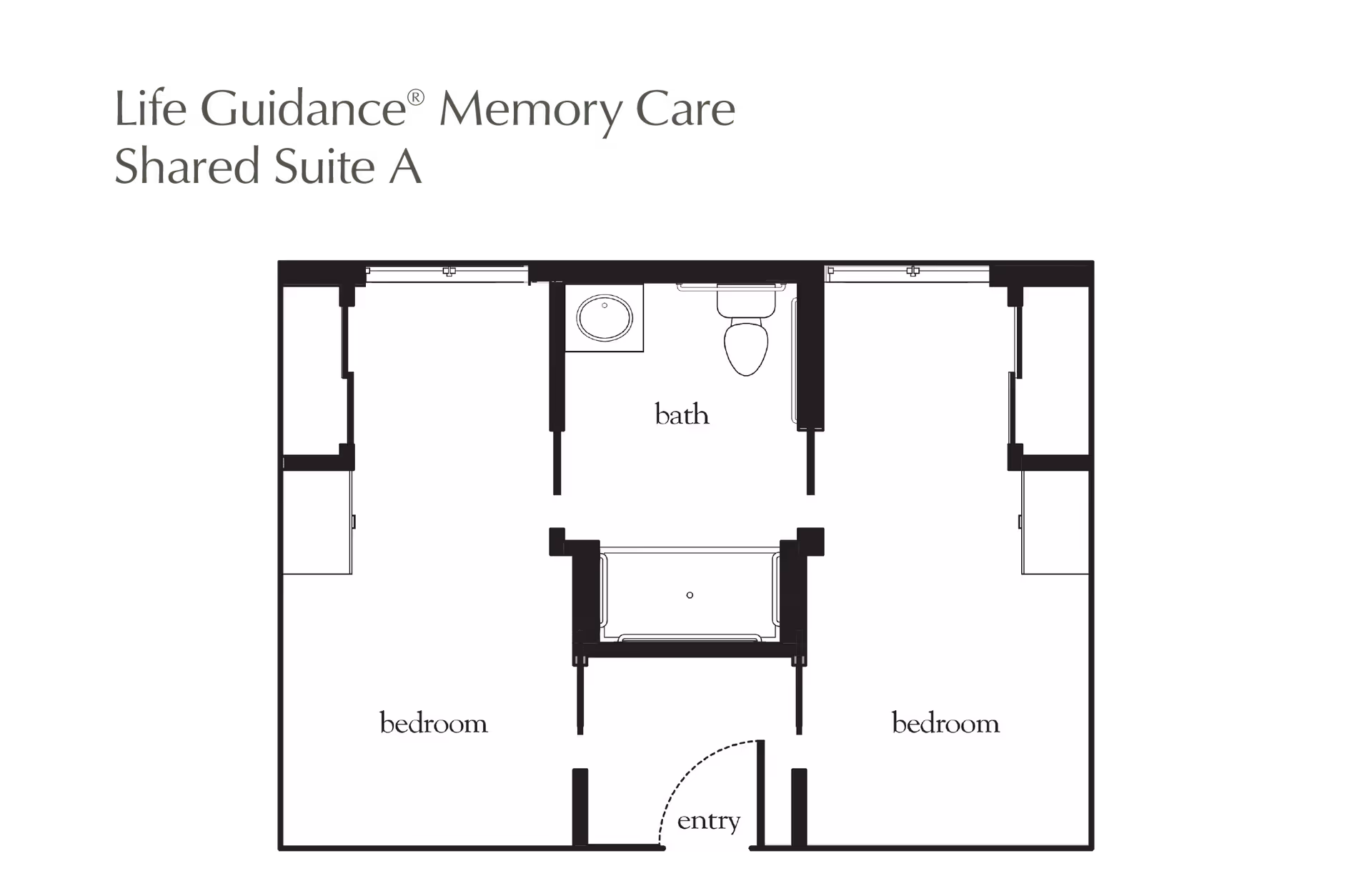 Floor plan layout of Life Guidance Memory Care Shared Suite A showing two bedrooms, a shared bathroom, and an entry area.