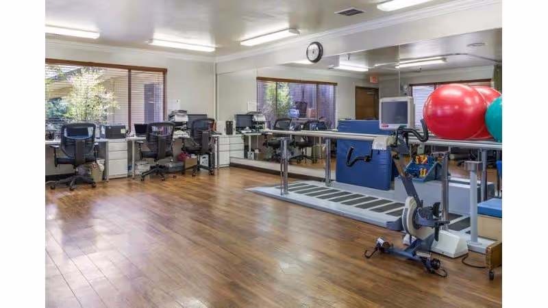 A spacious room with wooden flooring featuring exercise equipment including a stationary bike and large exercise balls. There are parallel bars for walking exercises and a row of desks with office chairs and computer monitors along the mirrored wall. Large windows allow natural light into the room.