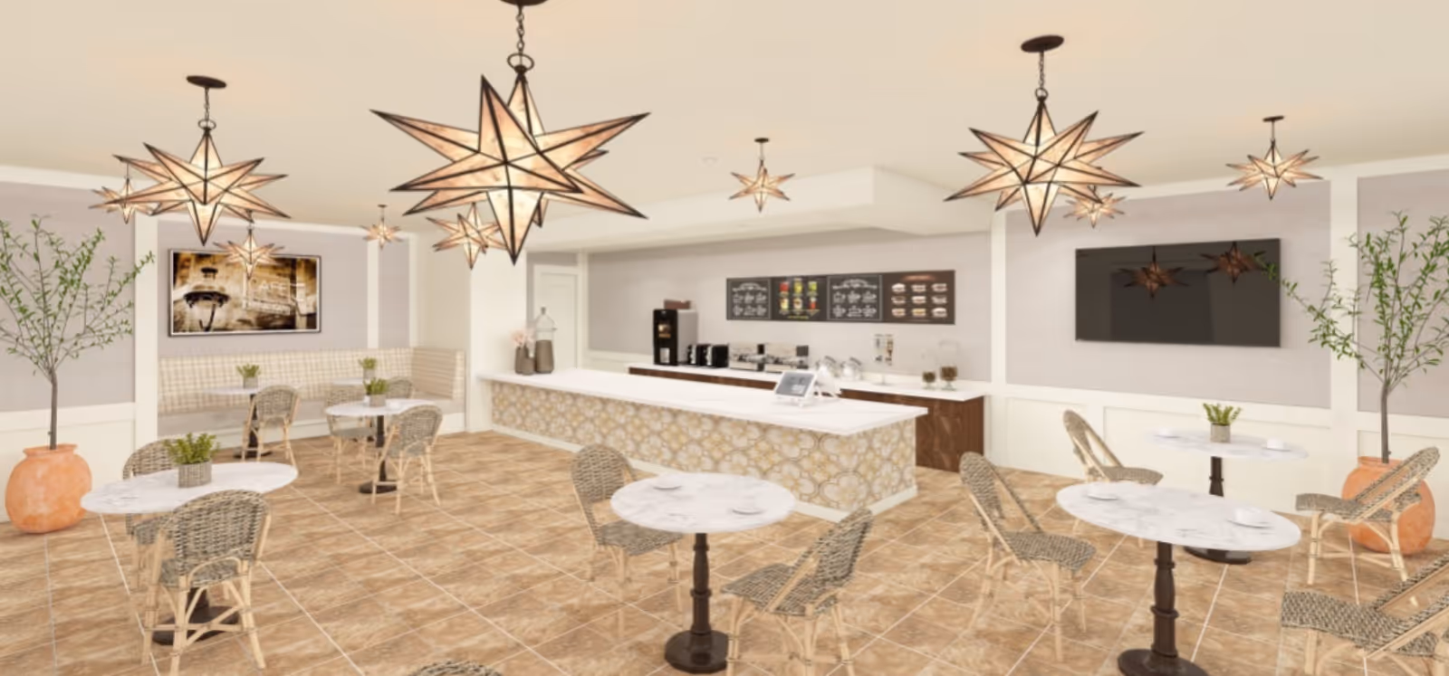 Bright cafe-style dining area with round marble tables, wicker chairs, star-shaped pendant lights, a service counter and wall-mounted TV.