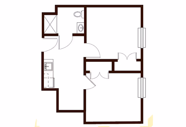 A simple floor plan showing a kitchen area, bathroom, and two main rooms with closets and windows.