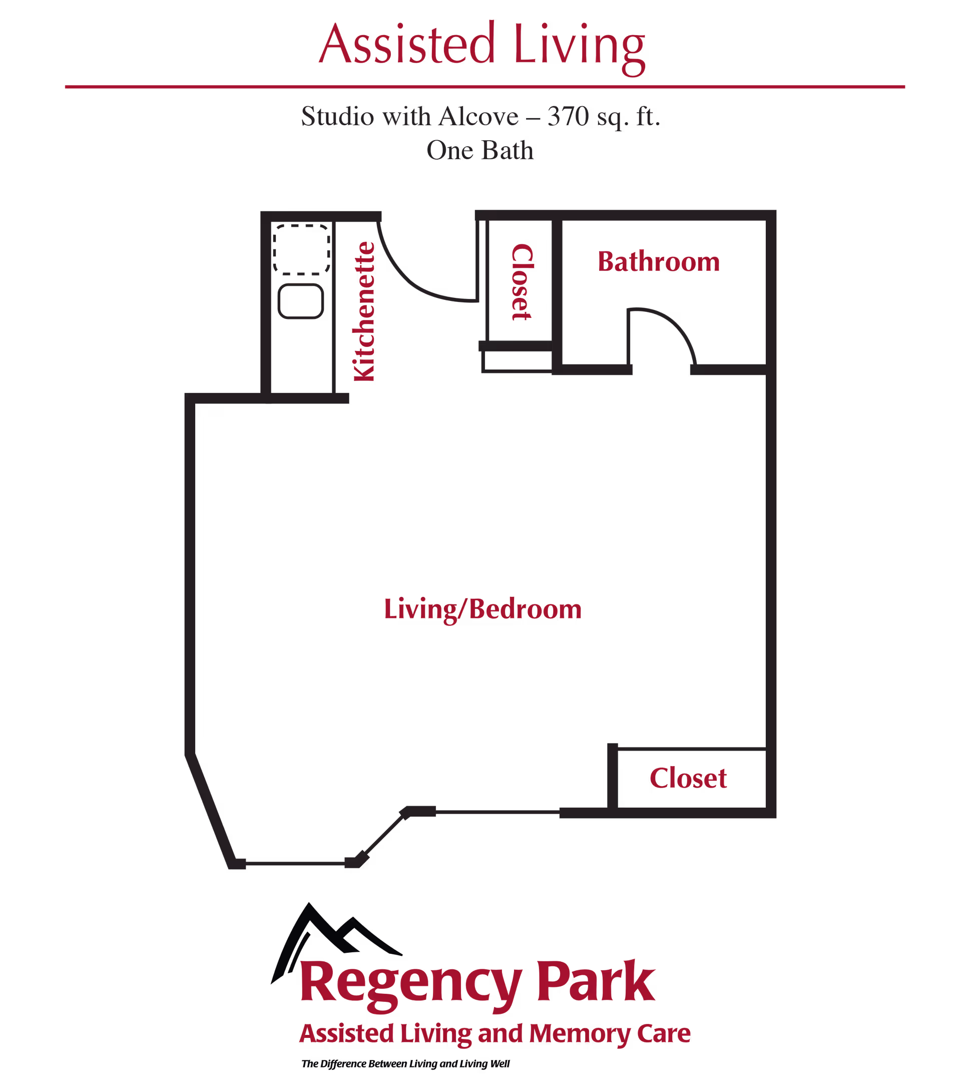 Black floor-plan diagram labeled 'Assisted Living' for Regency Park showing a studio with kitchenette, bathroom, closets, and a combined living/bedroom.