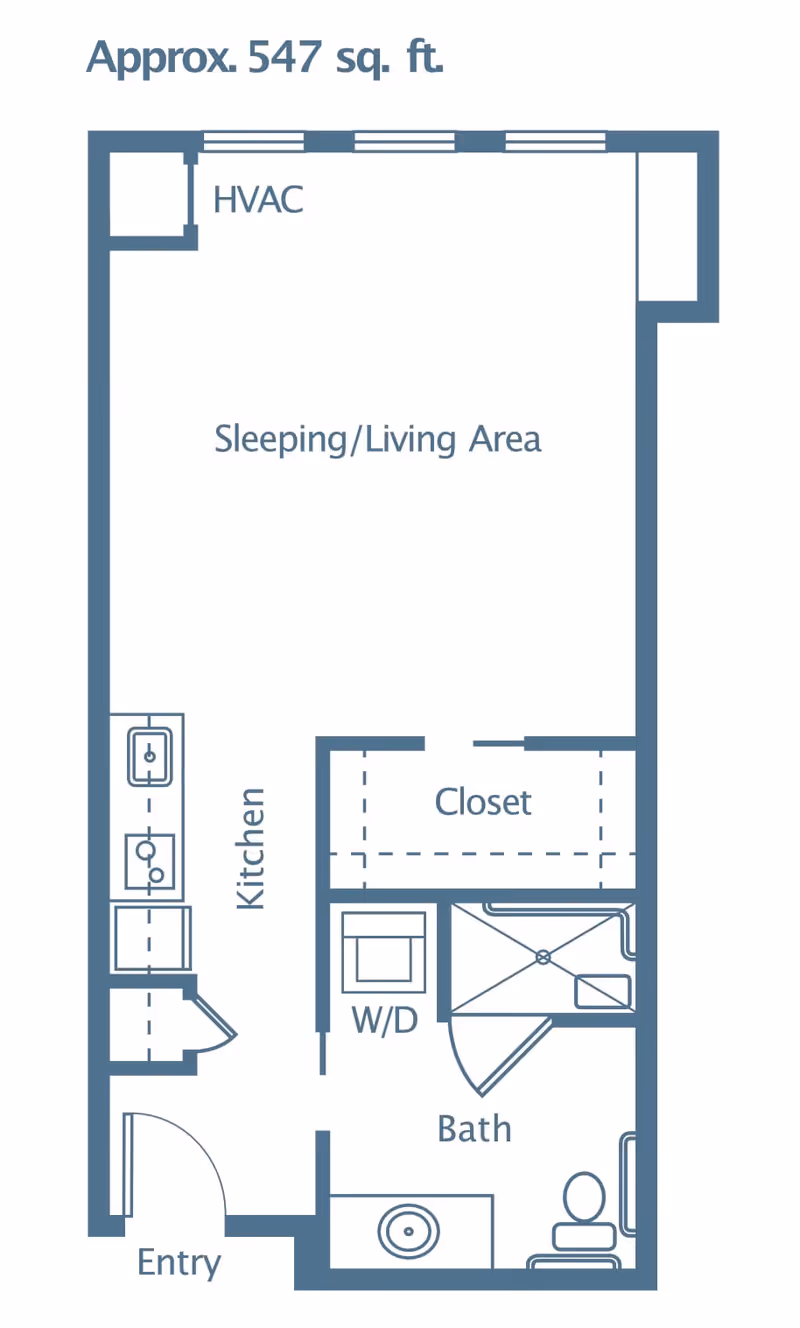 Floor plan of a studio apartment approximately 547 square feet, featuring an entryway leading to a kitchen area on the left, a combined sleeping and living area, a closet, a bathroom with a shower, toilet, and sink, and a washer/dryer unit near the bathroom.