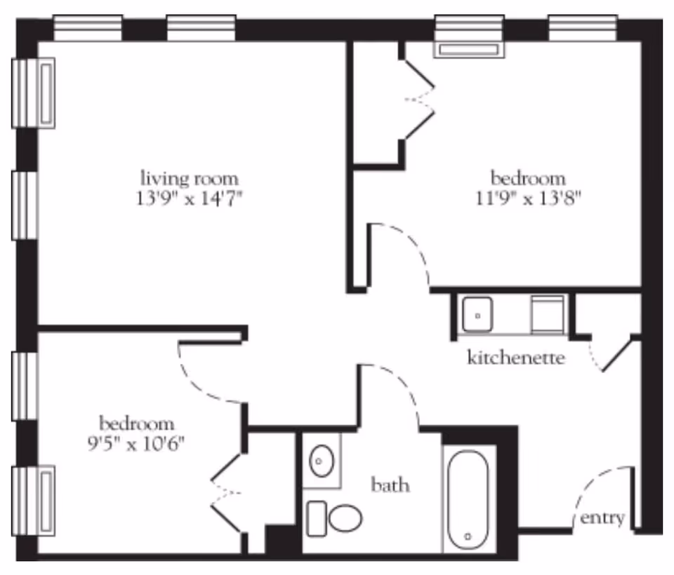 Floor plan of a living space at Atria Bay Shore showing two bedrooms, a living room, a kitchenette, a bathroom, and an entry area with dimensions labeled for each room.