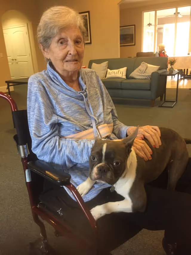 An elderly woman in a wheelchair pets a small dog in a communal living room with a couch and pillows in the background.