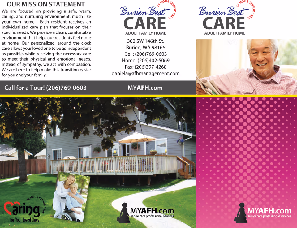 Brochure for an adult family home showing the house exterior with a deck, mission text, logos, and a smiling elderly man.