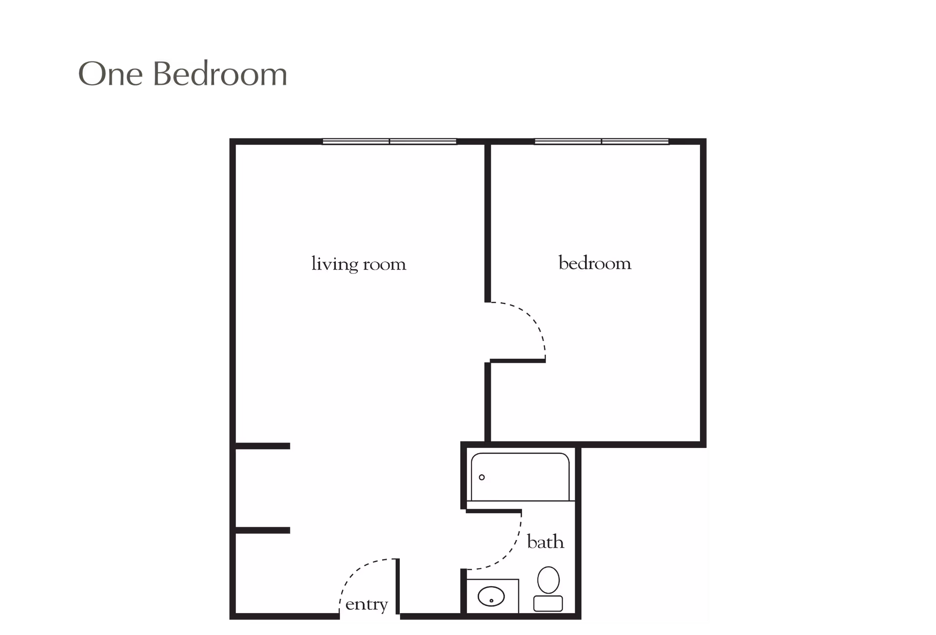 Floor plan layout of a one-bedroom apartment showing a living room, bedroom, bathroom with bathtub, toilet and sink, and an entry area.