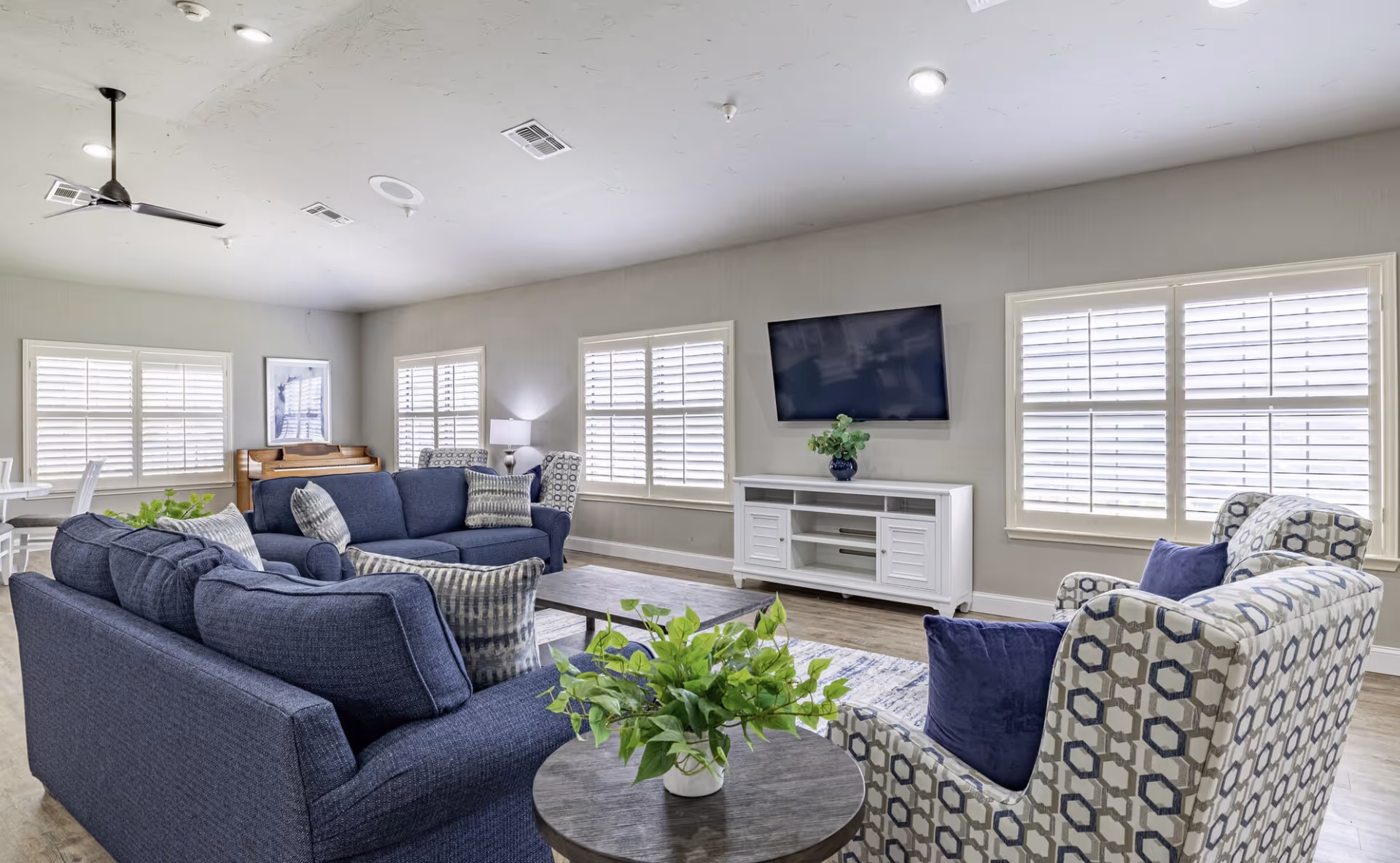A bright and spacious living room with blue sofas, patterned armchairs, a wooden coffee table, a white TV stand with a flat-screen TV mounted on the wall, and multiple windows with white shutters letting in natural light. There is a ceiling fan and a potted plant on a round side table in the foreground.