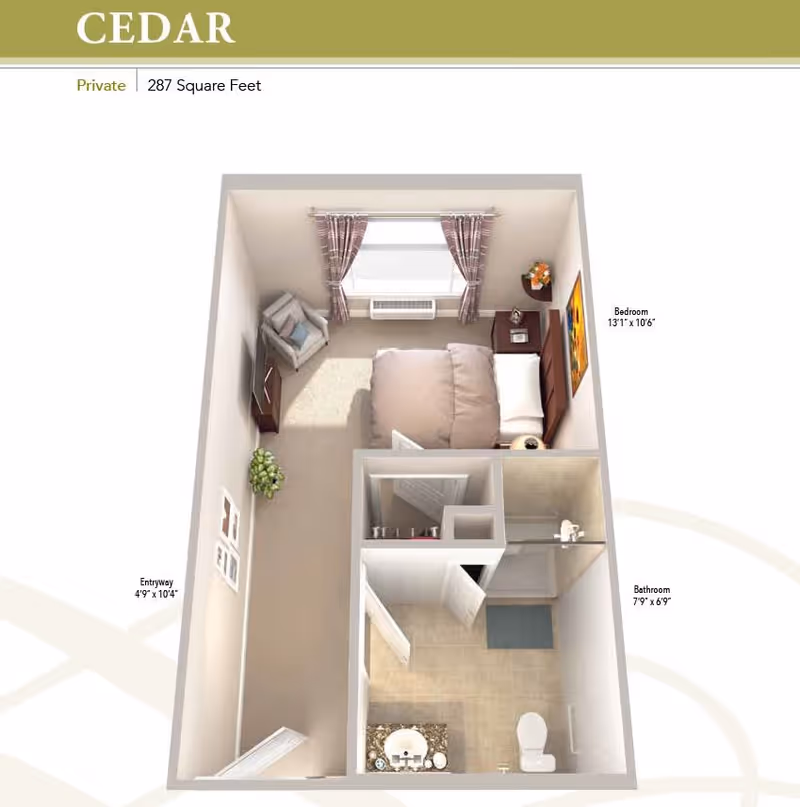 3D floor plan of a private 287 square feet senior living unit named Cedar, featuring a bedroom with a bed, armchair, side table, and window with curtains. The unit includes an entryway, a bathroom with a shower, toilet, and sink, and a small closet area.