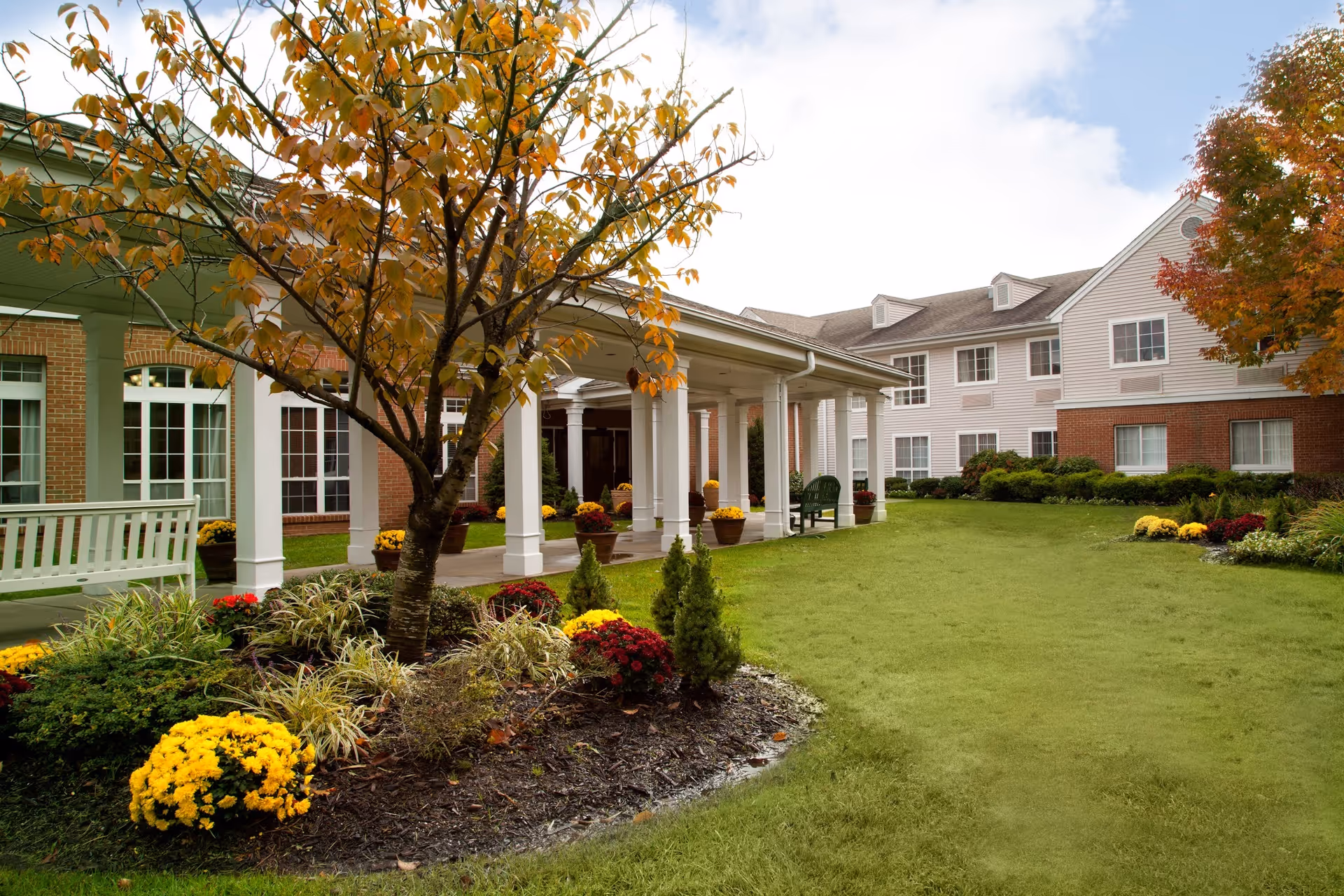 Exterior courtyard and covered entrance of a senior living building with a fall-colored tree, potted flowers, and a grassy lawn.